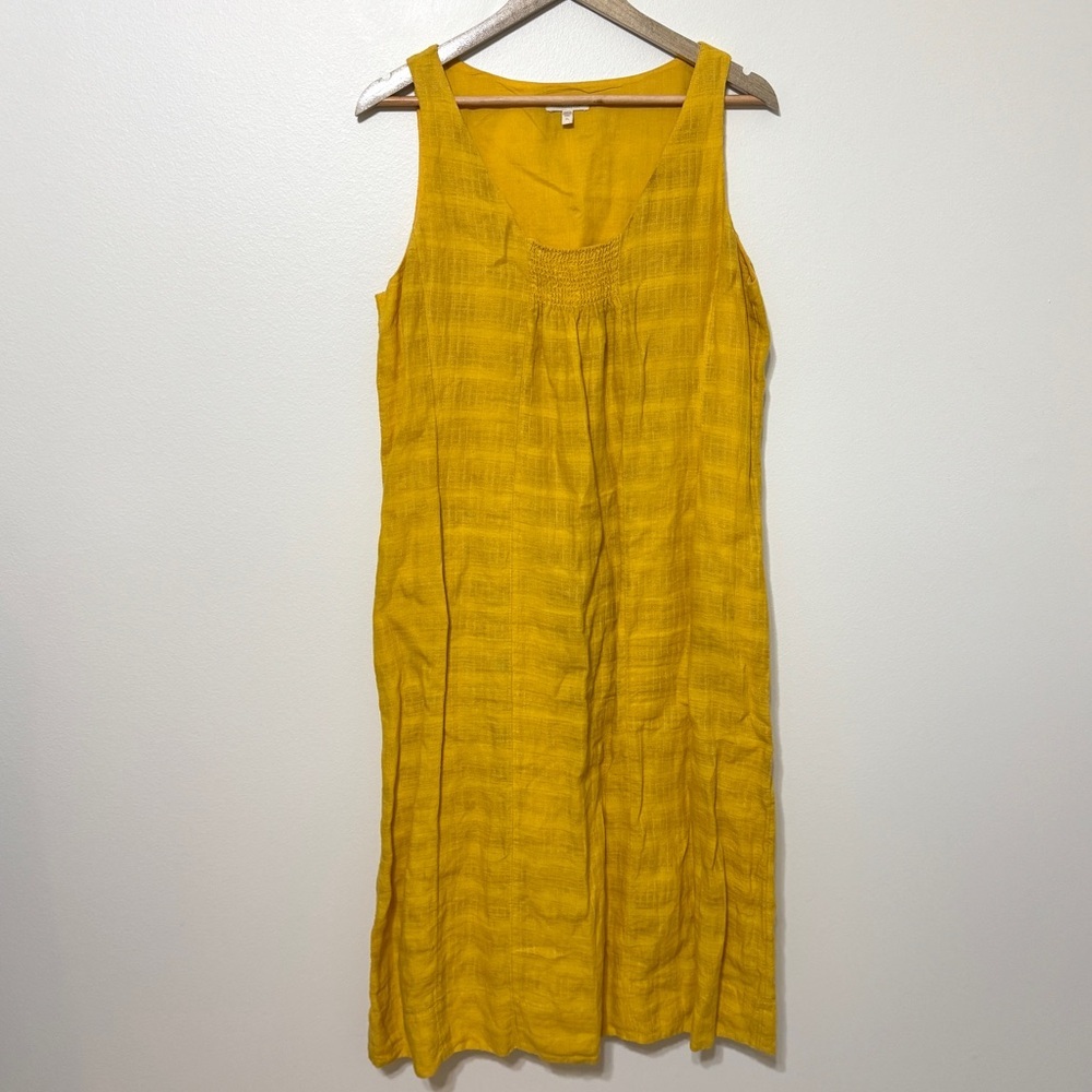Eileen Fisher Linen Midi Dress Size Large Petite Marigold Yellow Sleeveless - Picture 2 of 7